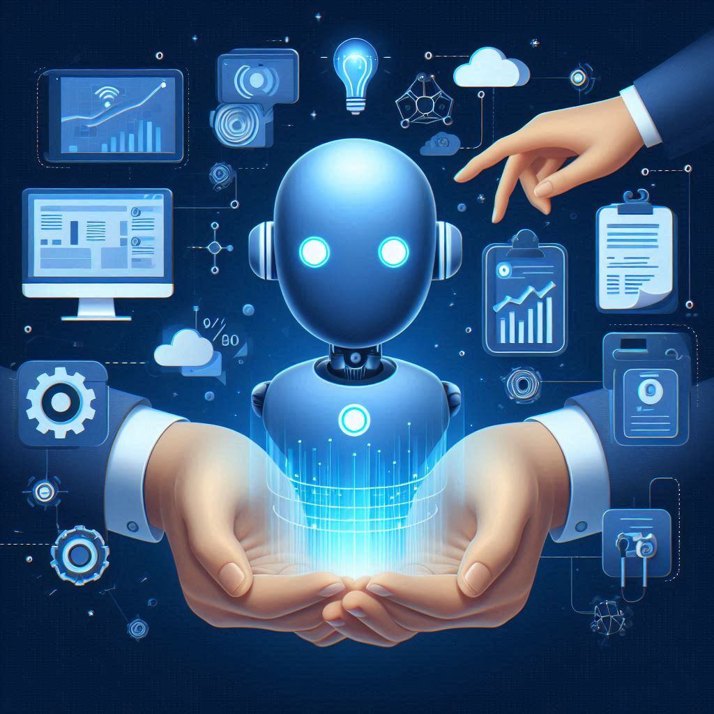 Illustration of AI agent customization showing a robot supported by human hands, surrounded by digital icons representing data, analytics, and automation.