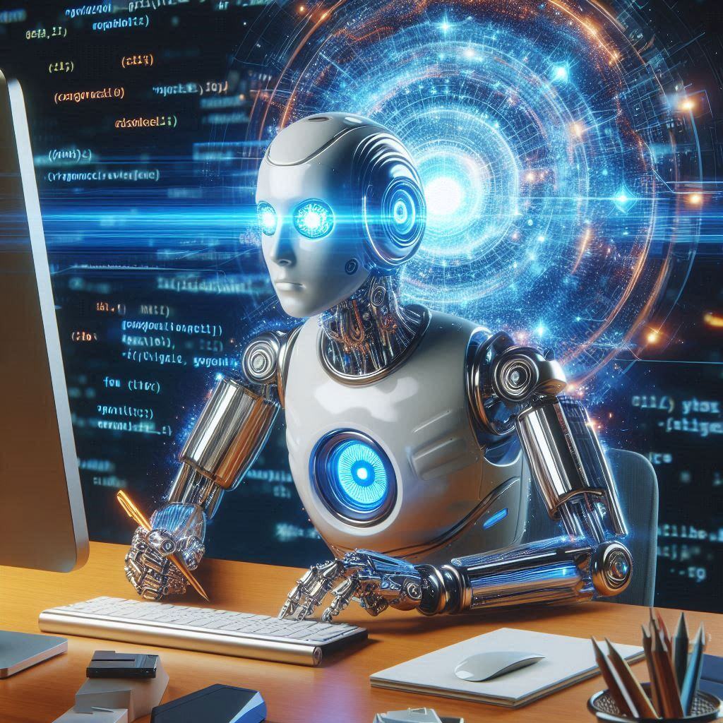 AI Agents Explained: A photorealistic image of a humanoid robot with glowing blue eyes diligently working at a computer terminal, surrounded by lines of code. This illustrates the concept of AI agents, autonomous entities capable of complex tasks.