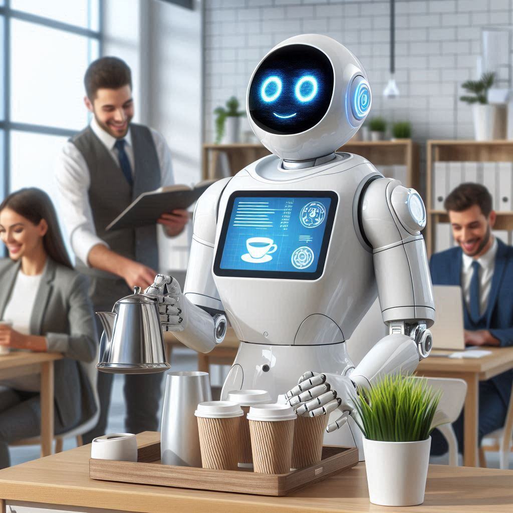 AI assistant robot serving coffee to employees in a modern office, illustrating the integration of AI technology in workplace environments to enhance productivity and efficiency.