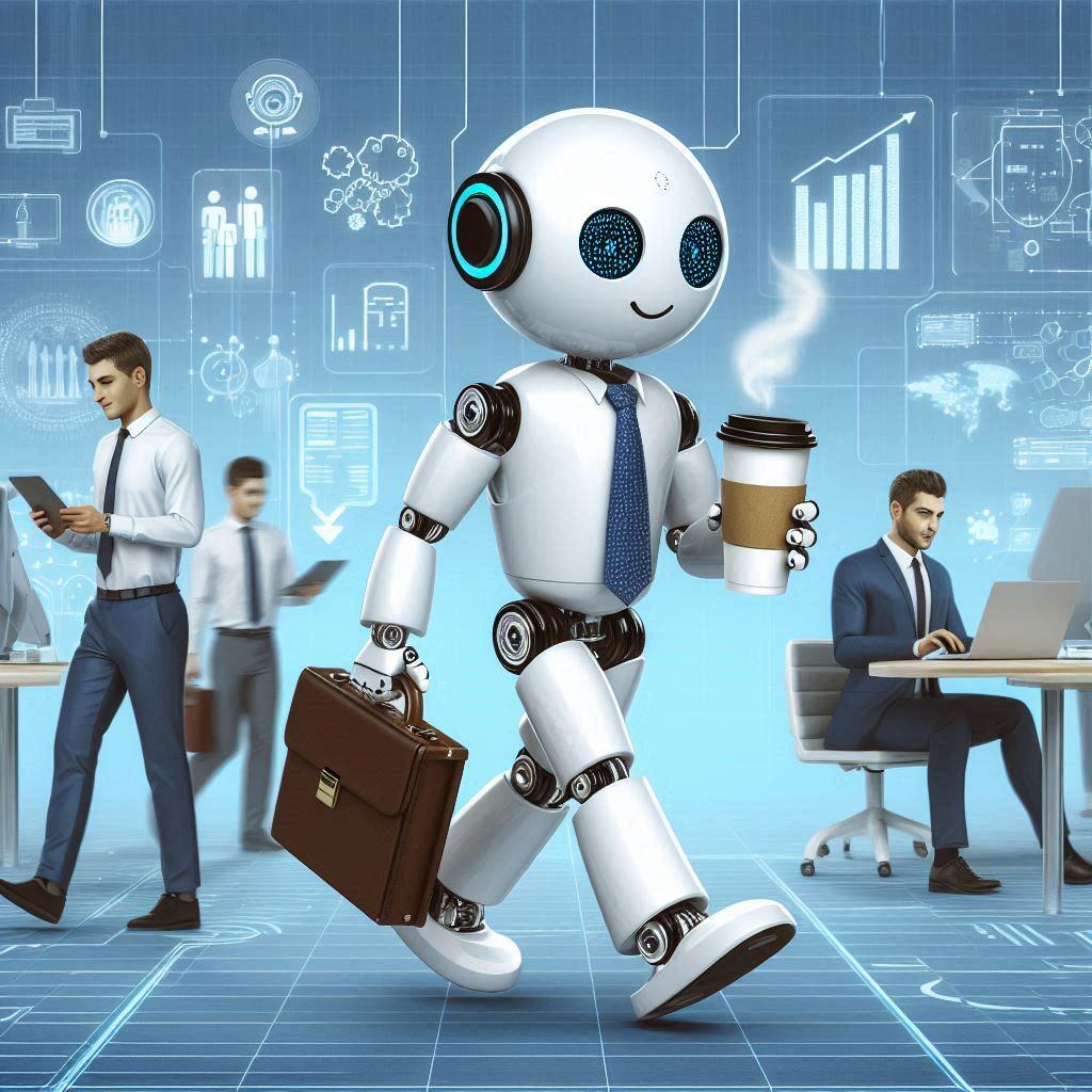 AI robots in a modern office assisting workers, highlighting business automation and productivity.