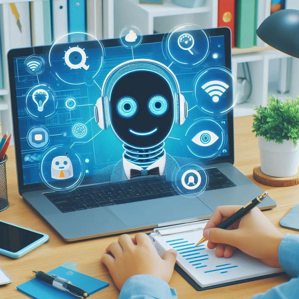 AI in customer service: A laptop screen displaying a smiling AI chatbot with headphones, surrounded by icons representing various customer service tools and applications, highlighting the role of multi-agent systems in enhancing customer interactions and support.