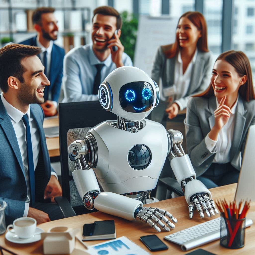 AI robot interacting with smiling employees in a modern office, symbolizing AI's role in enhancing the employee experience, fostering engagement, and promoting collaboration in the workplace.