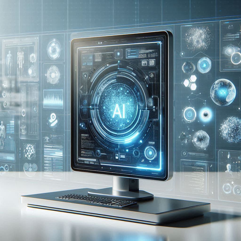 Computer screen displaying advanced AI interface for enterprise optimization with data analytics visuals in the background.