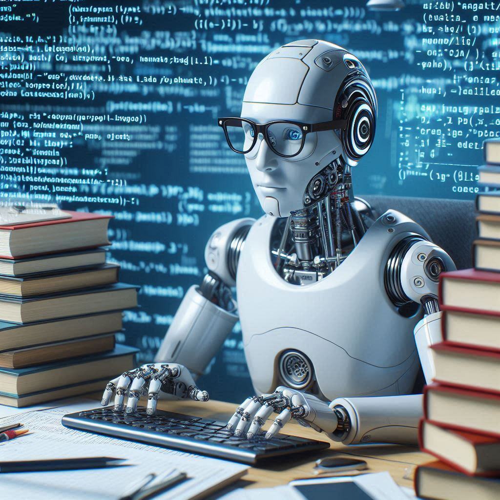 AI robot with glasses typing on a keyboard, surrounded by books and code on a screen, representing AI's role in coding and software development.