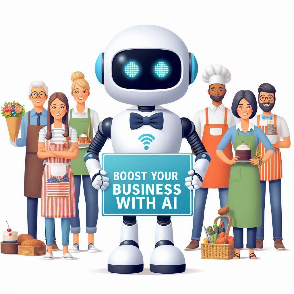 Robot holding a sign that says 'Boost Your Business with AI', surrounded by diverse small business owners in various occupations, illustrating how AI can support different types of small businesses in enhancing their operations and growth.