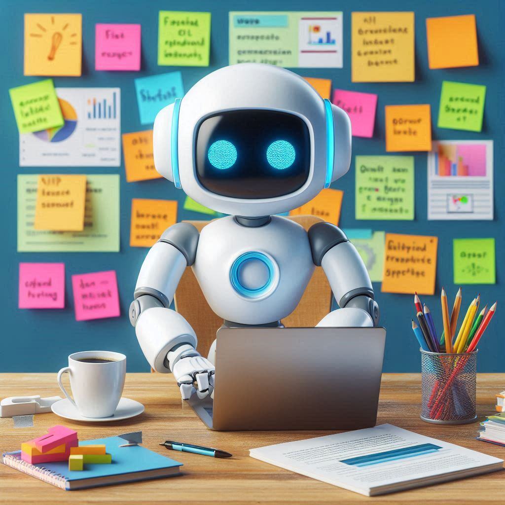 AI robot writing a grant proposal at a desk with a laptop, surrounded by colorful sticky notes and office supplies, illustrating AI-powered grant writing tools.