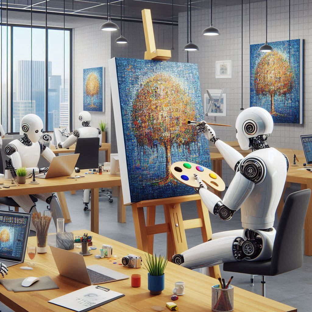 Robots in a modern office using AI in branding to create art and designs, with one robot painting a tree on a canvas.