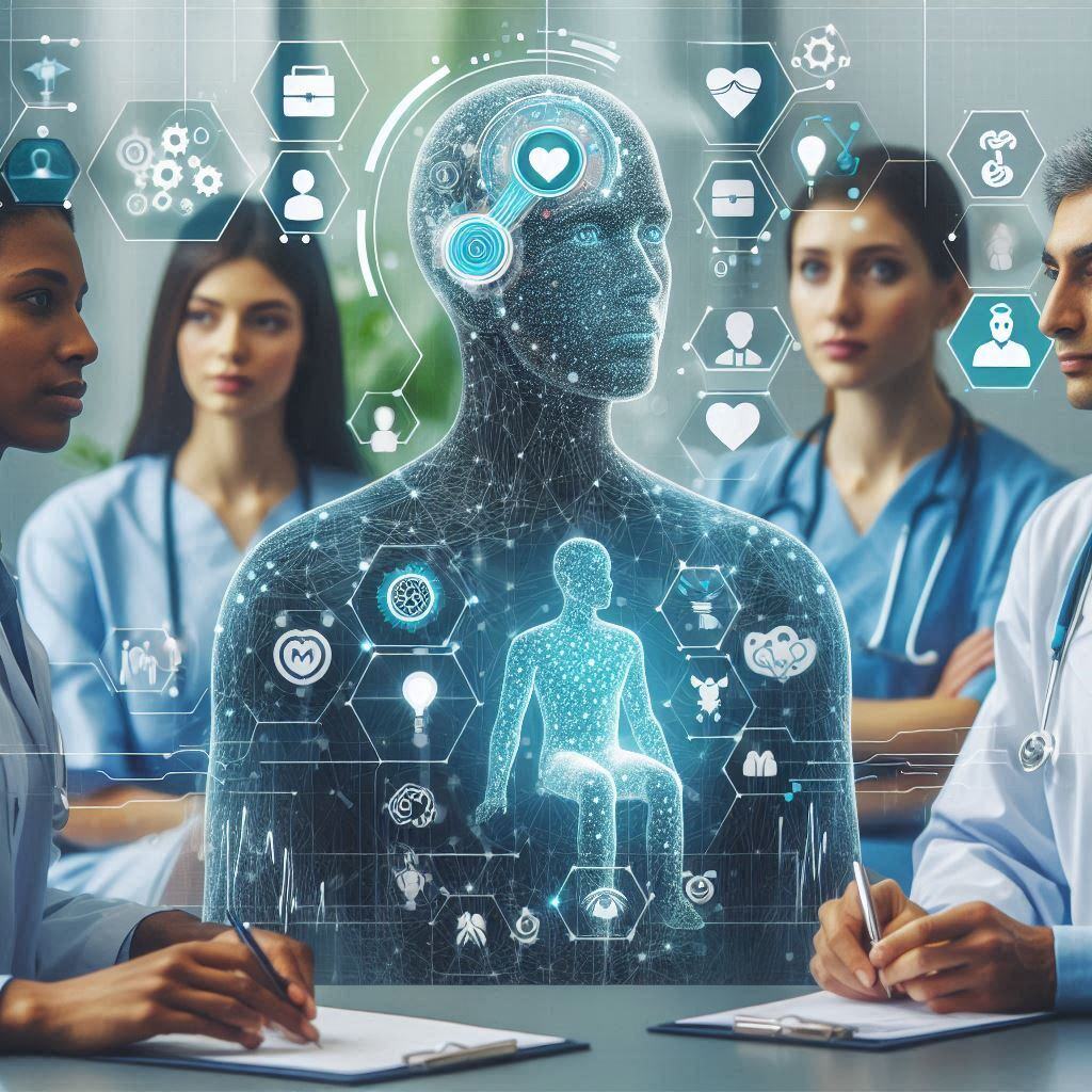 Medical professionals in a meeting with a futuristic holographic display of a human body, showcasing various health data and AI icons. The image highlights the use of multi-agent AI systems in healthcare for diagnostics, treatment planning, and patient monitoring. The background features healthcare symbols and technology integrations, representing the advanced use of AI in improving patient outcomes.