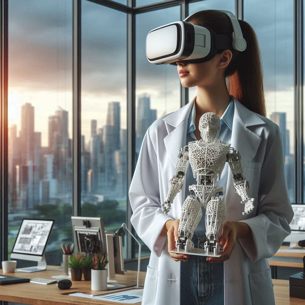 AI jobs professional in a lab coat holding a humanoid robot model while wearing a VR headset, set in a modern office with a city skyline in the background, showcasing the intersection of AI technology and engineering.