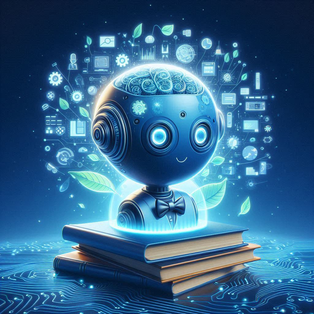 Illustration of an AI-powered knowledge base represented by a robot with a digital brain, surrounded by data icons and books, symbolizing advanced information management and learning.