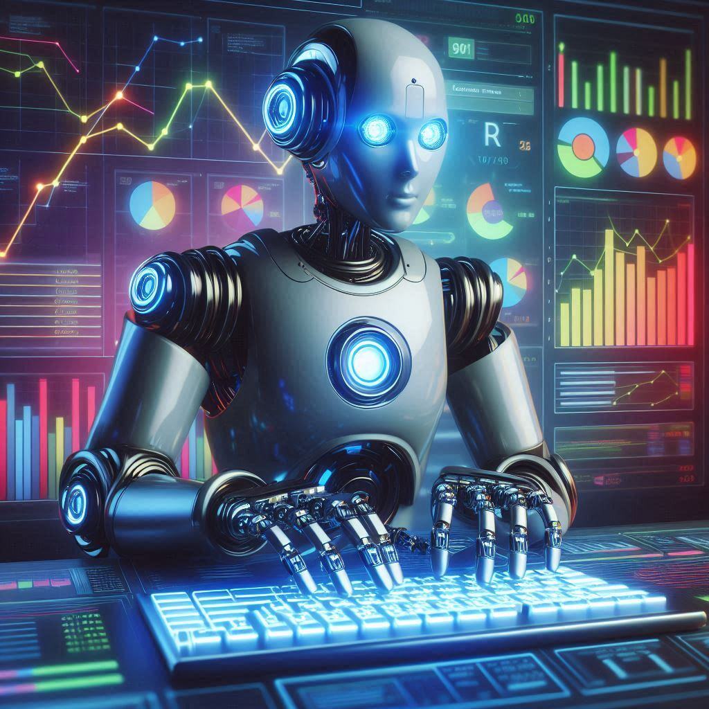 AI robot analyzing data on a computer, representing AI-powered lead generation with charts and graphs in the background.