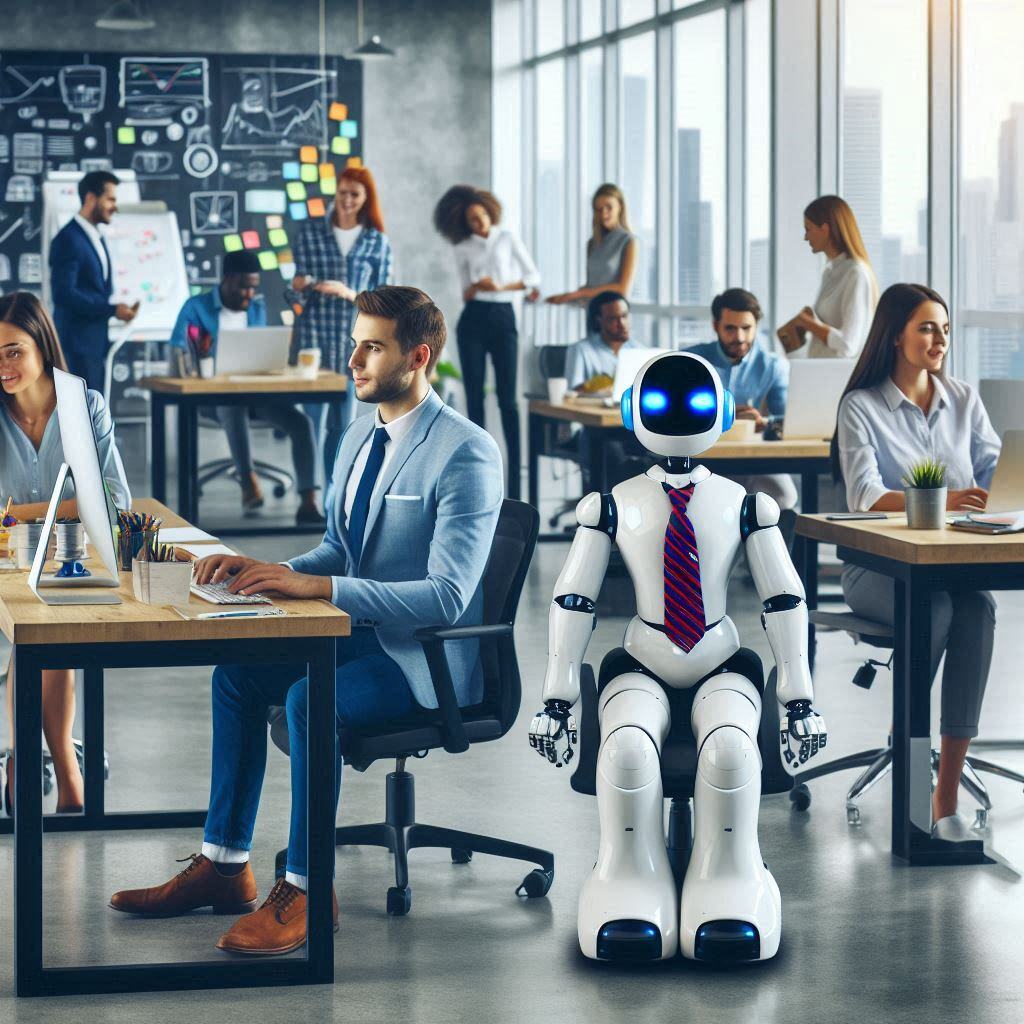 An AI robot in a business suit collaborates with professionals in a modern office, symbolizing the integration of AI in workplace environments for enhanced productivity and innovation.