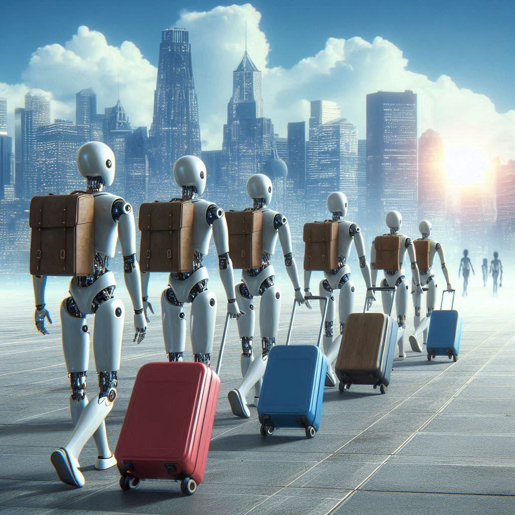 Robots with backpacks and suitcases migrating towards a futuristic cityscape, symbolizing the transition of AI models and technologies.