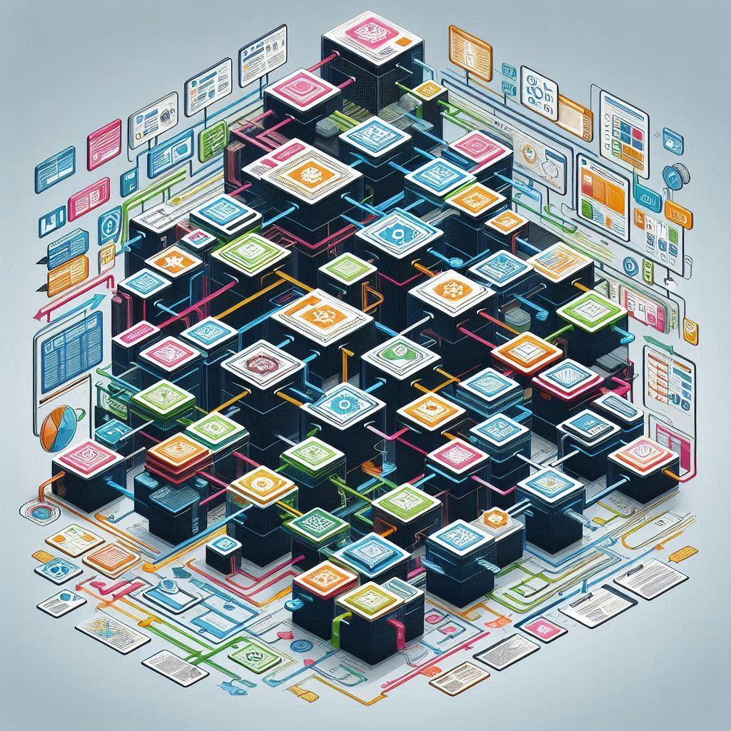 Illustration of a complex AI risk management framework with interconnected data blocks, algorithms, and digital interfaces, symbolizing AI governance, control, and data flow management in a structured system.