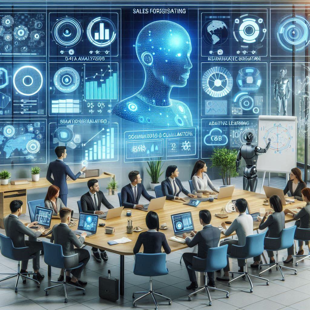 Robot leading a business meeting on sales forecasting with professionals, illustrating data and adaptive learning on a whiteboard. The scene highlights the use of AI and multi-agent systems in enhancing sales forecasting accuracy and collaboration.