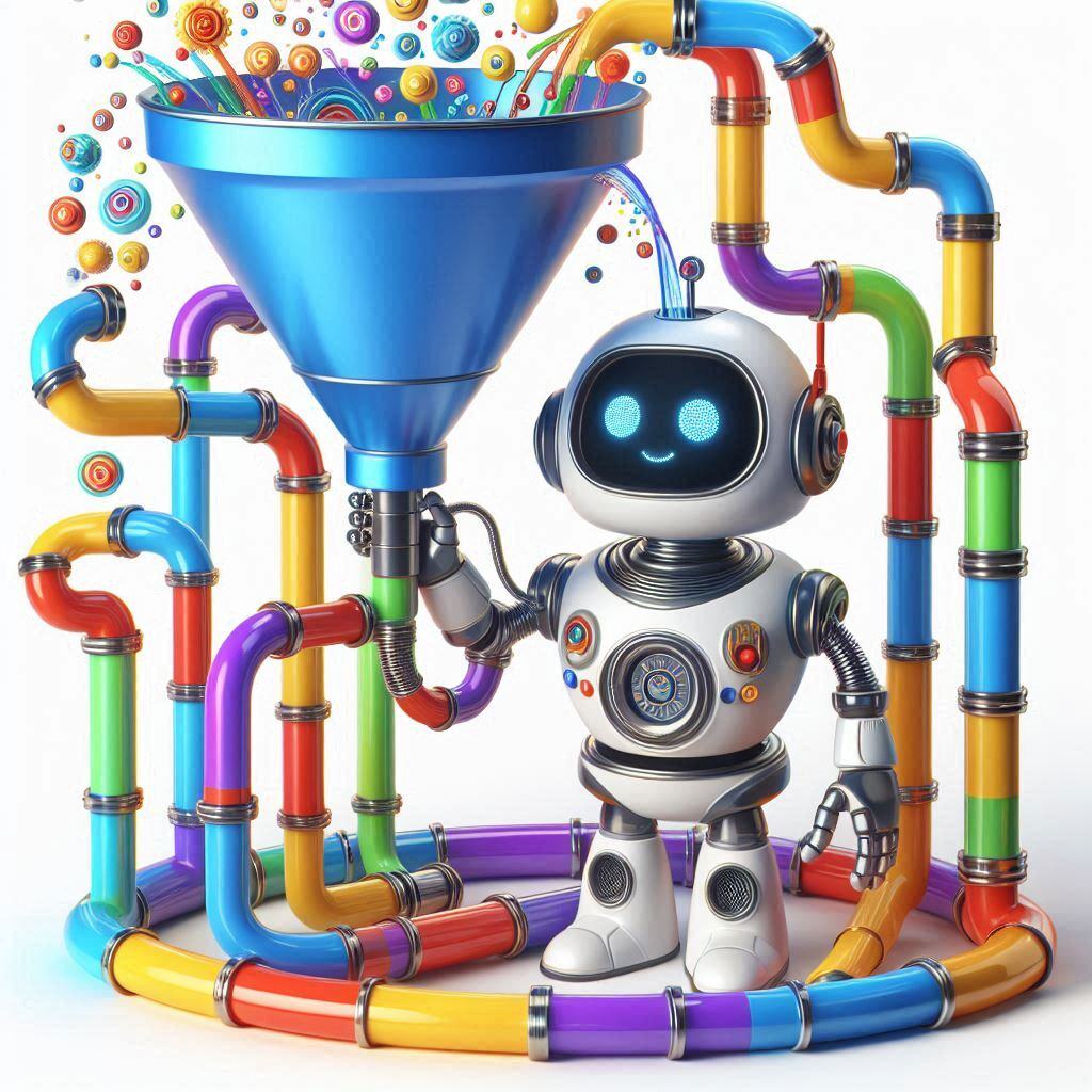 Colorful robot managing AI sales funnel automation with vibrant pipes representing the flow of leads through the sales process.