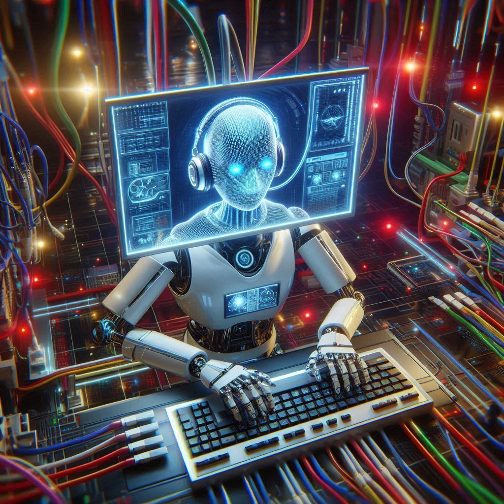 AI robot typing on a keyboard in a futuristic setting, with its screen-head displaying generated images, symbolizing the process of AI converting text into visuals.