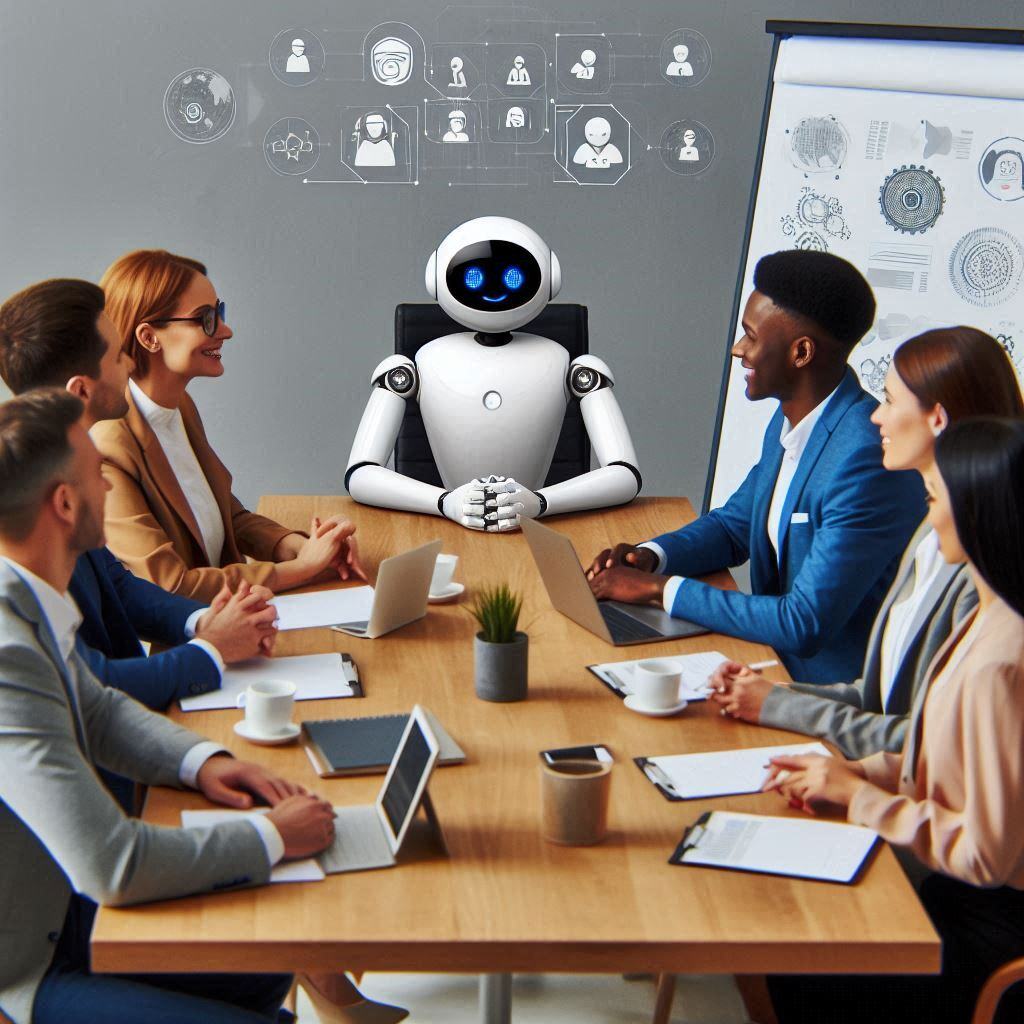 Business meeting with a humanoid AI robot and diverse HR team discussing human-AI collaboration, highlighting AI's role in enhancing HR productivity and efficiency.