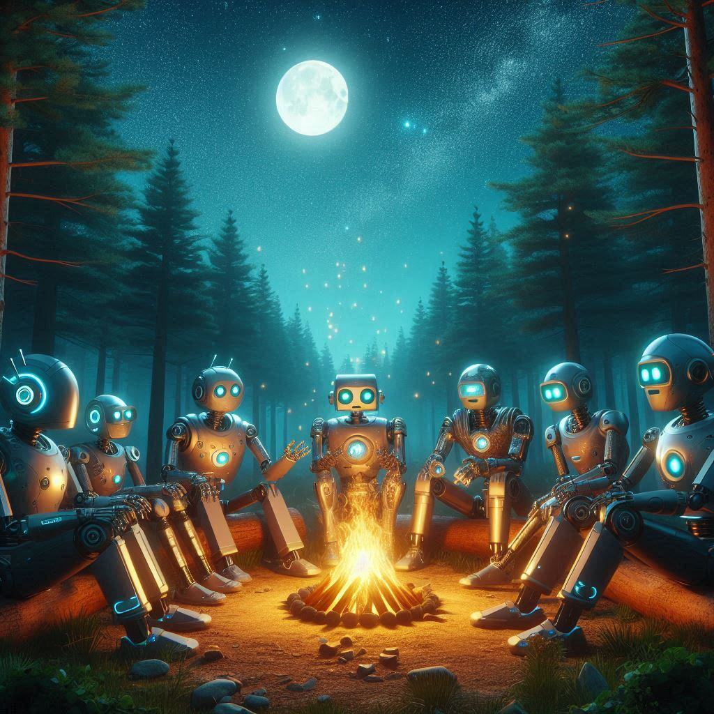 AI robots discussing around a campfire under a full moon in a forest, illustrating advanced AI interactions beyond ChatGPT capabilities