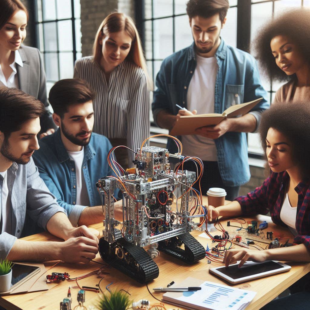 Group of diverse people collaborating on building a custom AI robot with various electronic components on a table.