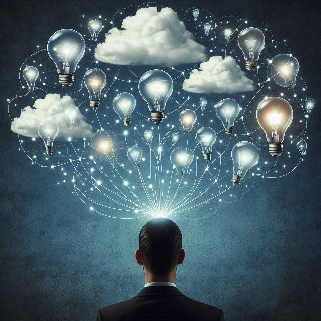 Conceptual illustration of chain of thought prompting in AI, depicting a person with interconnected lightbulbs and clouds above their head, symbolizing the step-by-step reasoning process in artificial intelligence.