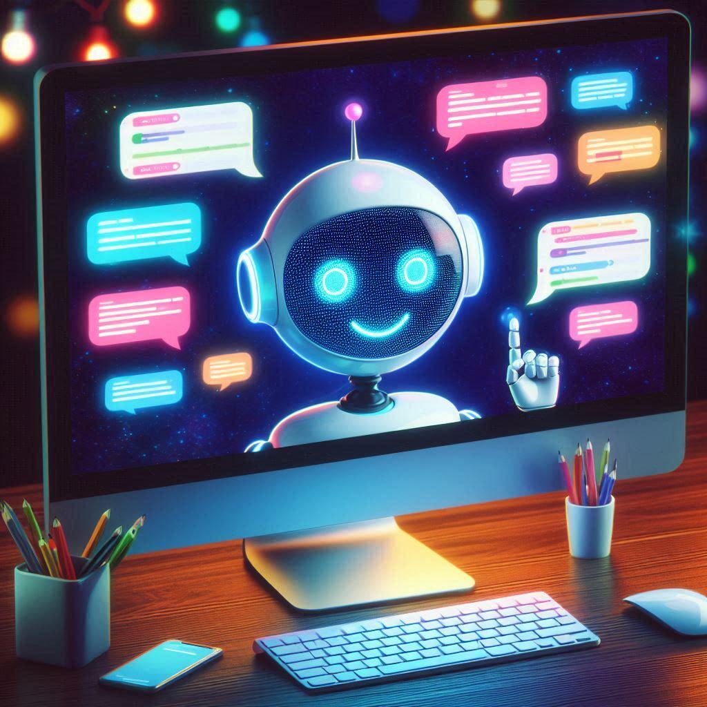 Illustration of a friendly AI chatbot interacting through a computer screen, symbolizing Conversational AI in customer service and digital communication.