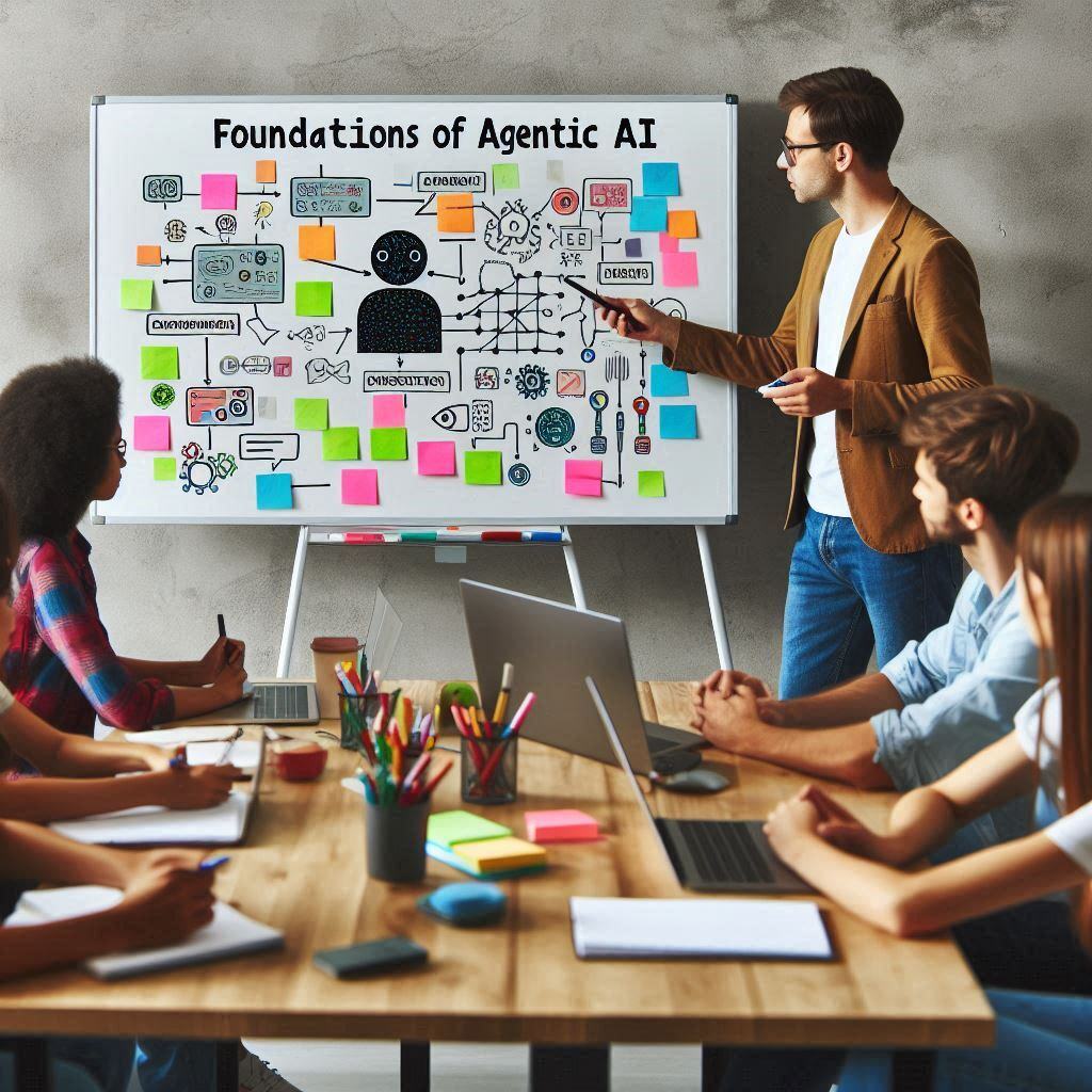 Group of diverse professionals learning about the foundations of Agentic AI, with a presenter explaining concepts on a whiteboard covered in diagrams and sticky notes.