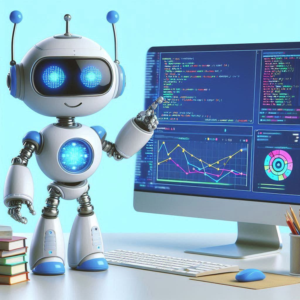 Illustration of a friendly robot pointing at data on a computer screen, symbolizing AI guidance and behavior control through prompt engineering techniques.