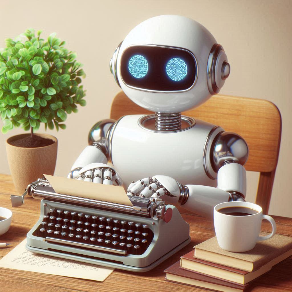 A robot sitting at a wooden desk typing on a vintage typewriter, with a cup of coffee and a potted plant nearby, illustrating AI generating human-like content.