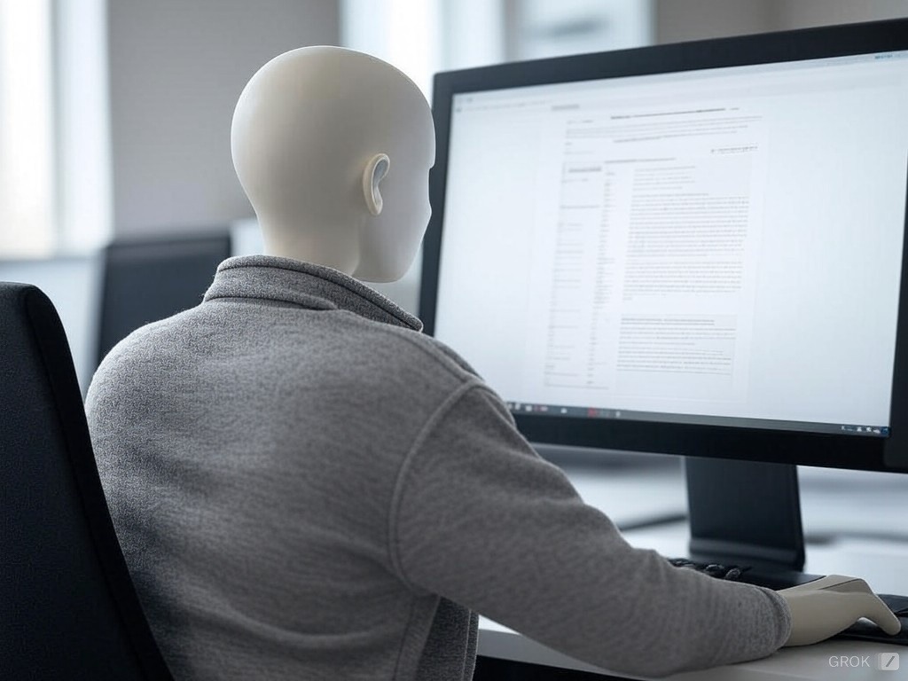 Artificial intelligence concept showing a humanoid figure working on a computer, creating professional documents with automated precision.