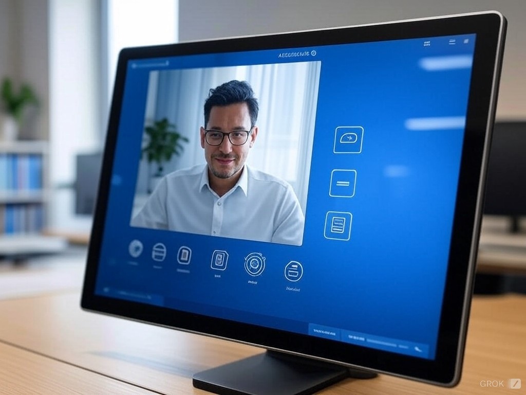 Computer screen displaying a video call with a professional interface, showcasing options for communication, recording, and file sharing.