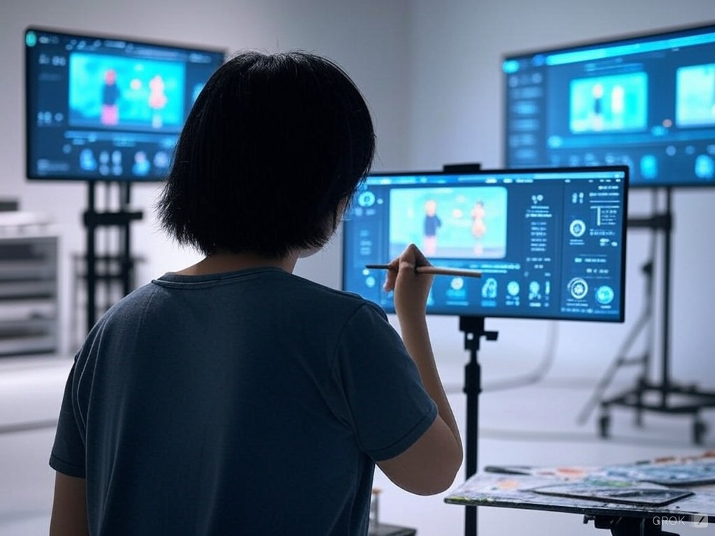 Person working on a digital screen using an AI video generator software to create professional video content in a modern studio setting.