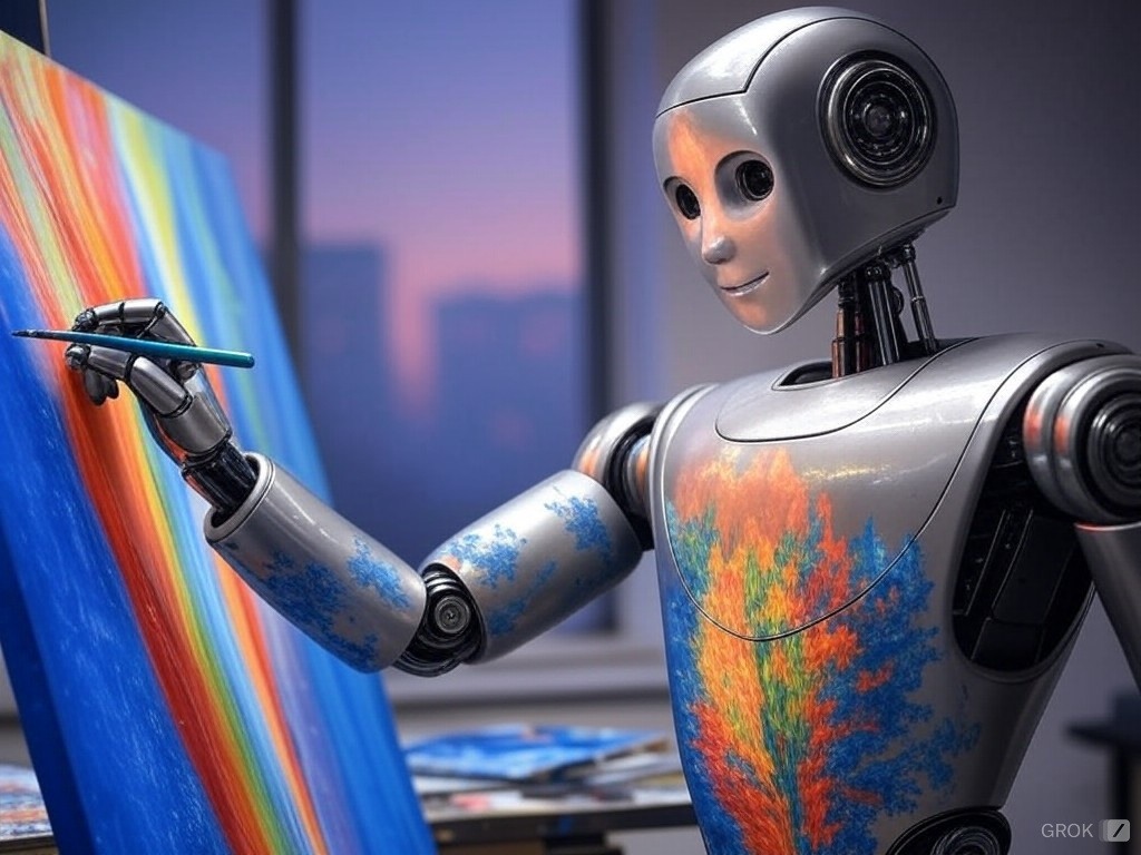 Robot painting a colorful canvas, representing the creative potential of AI image creators in generating artistic and professional visuals.