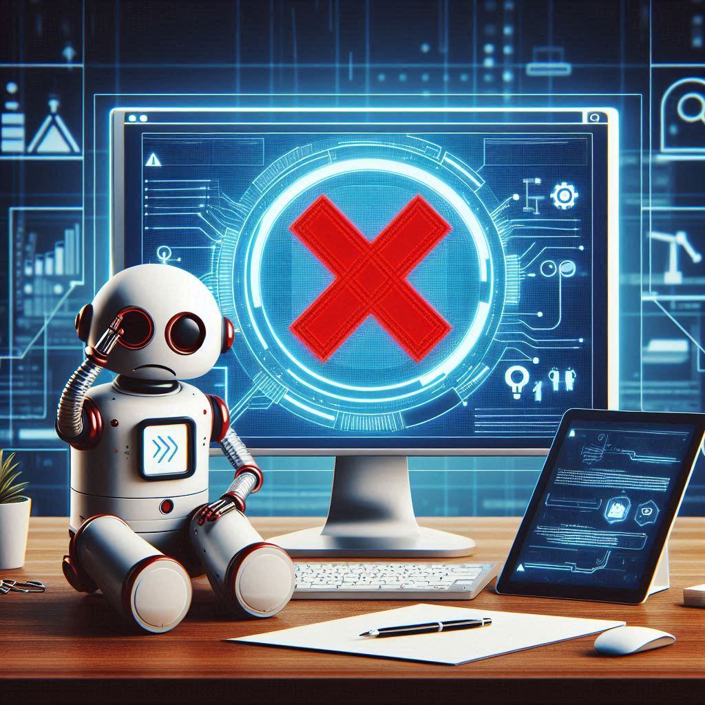 Frustrated robot in a futuristic home office, looking at a computer screen displaying an error symbol, indicating ChatGPT outage. The scene includes a tablet with troubleshooting elements and a digital notepad on the desk.