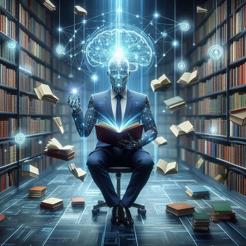 AI robot in a suit reading a book in a digital library, representing the integration of AI knowledge bases in enhancing decision-making and efficiency across various industries.