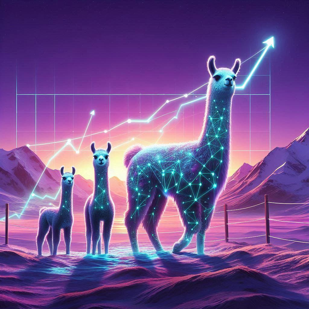 Digital representation of three llamas standing against a graph with an upward trend, symbolizing Llama AI models' rapid growth and increasing adoption in the AI landscape.