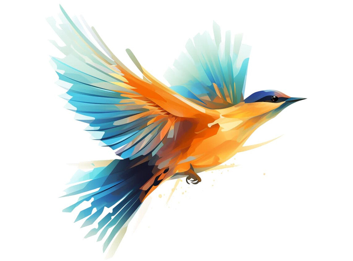 Colorful illustration of a Mistral bird in flight with vibrant shades of blue, orange, and yellow, symbolizing innovation and dynamism.