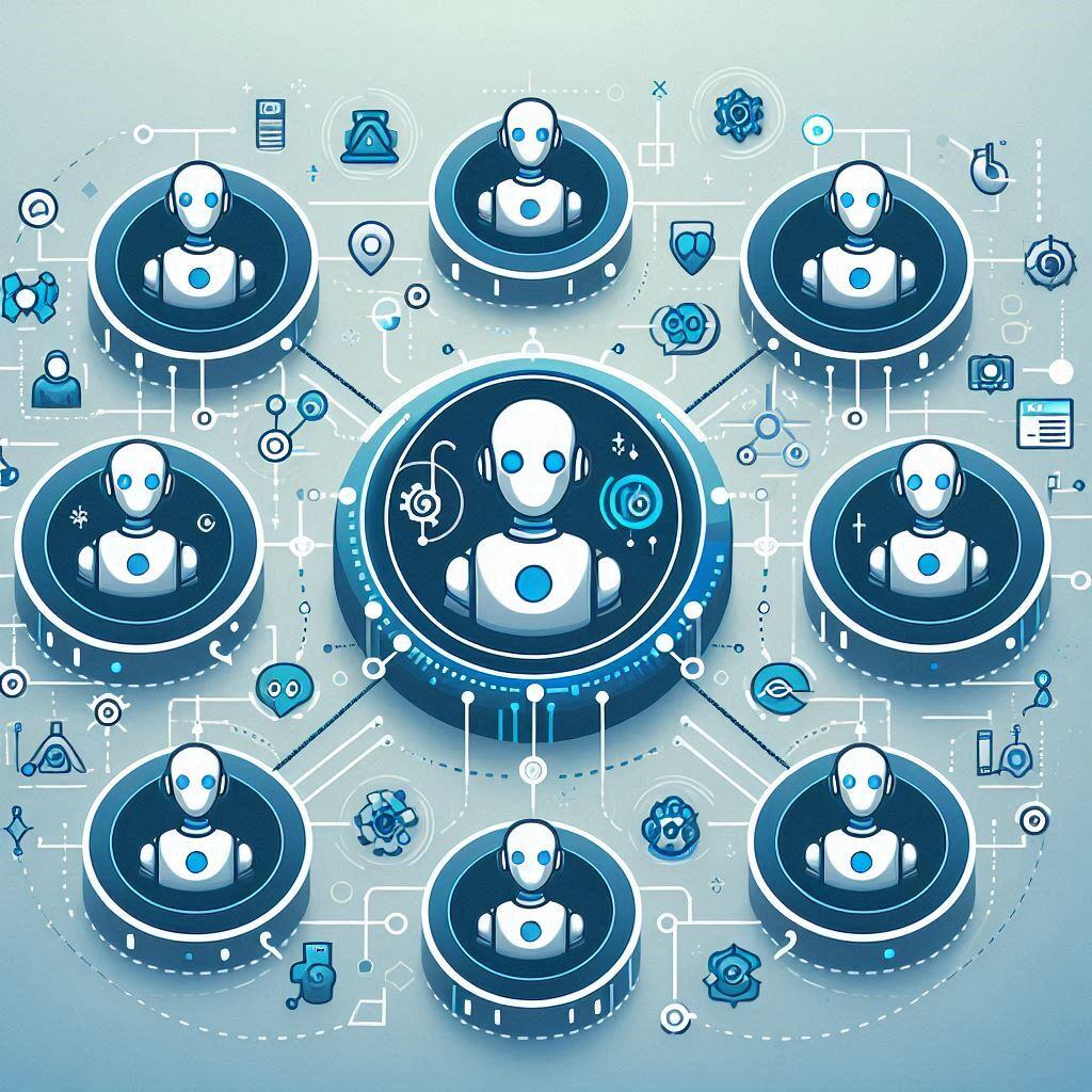 Illustration of multiple AI agents interconnected through a digital network, symbolizing multi-agent workflows. Each agent, represented as futuristic robots, collaborates and communicates with others to enhance efficiency and innovation in artificial intelligence.