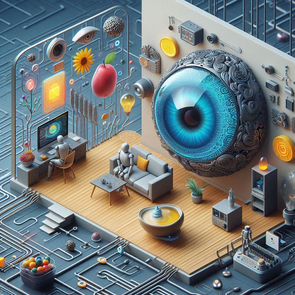 AI perception module concept illustration: A detailed visual representation showcasing the perception module in AI agent architectures. Features a large eye symbolizing data perception, with robots interacting in a room filled with various digital and organic elements. Highlights the integration of technology and human-like sensory perception in AI.