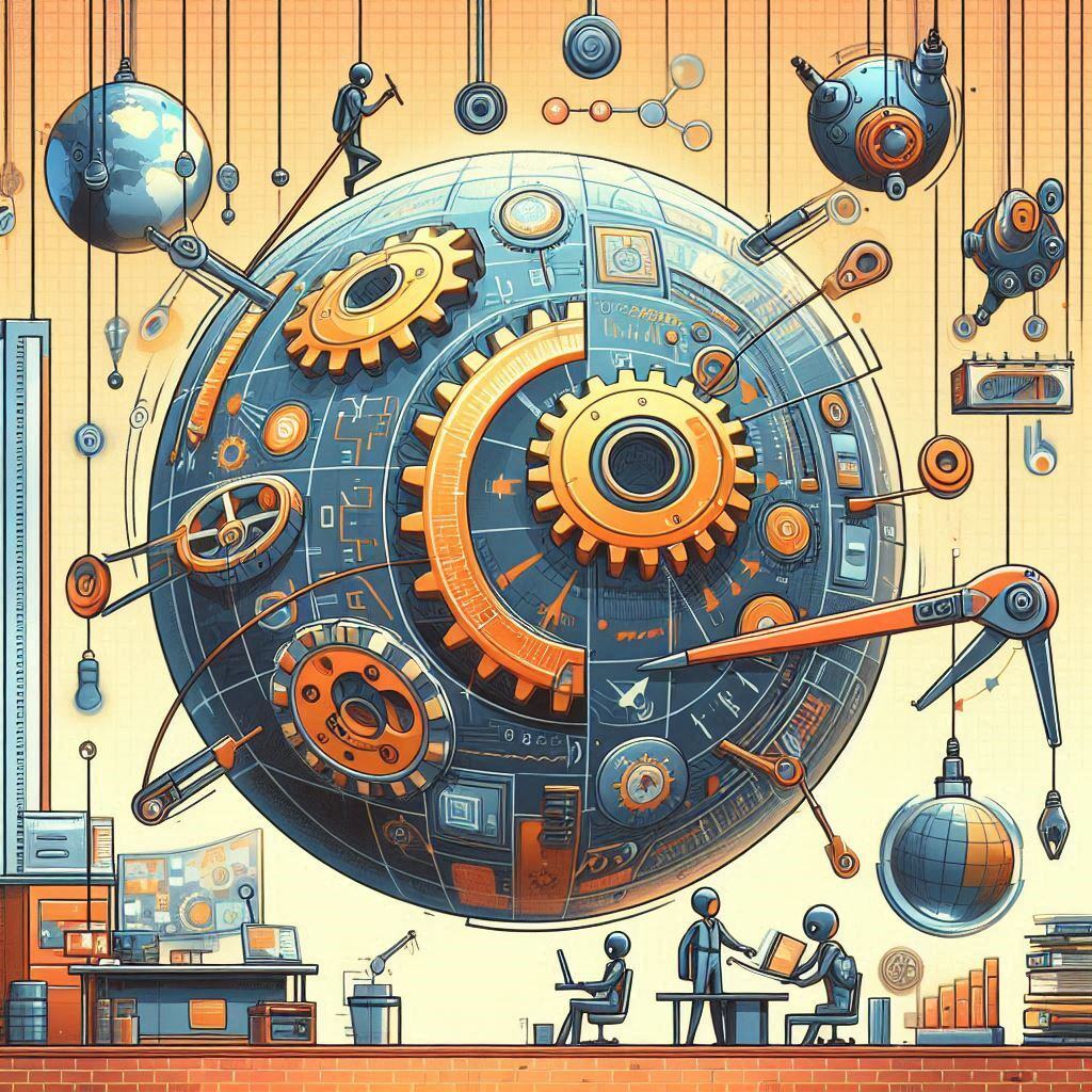 Illustration of a large globe with gears and robotic arms symbolizing AI prompt engineering in a mechanical, interconnected world, with workers at desks guiding AI systems.