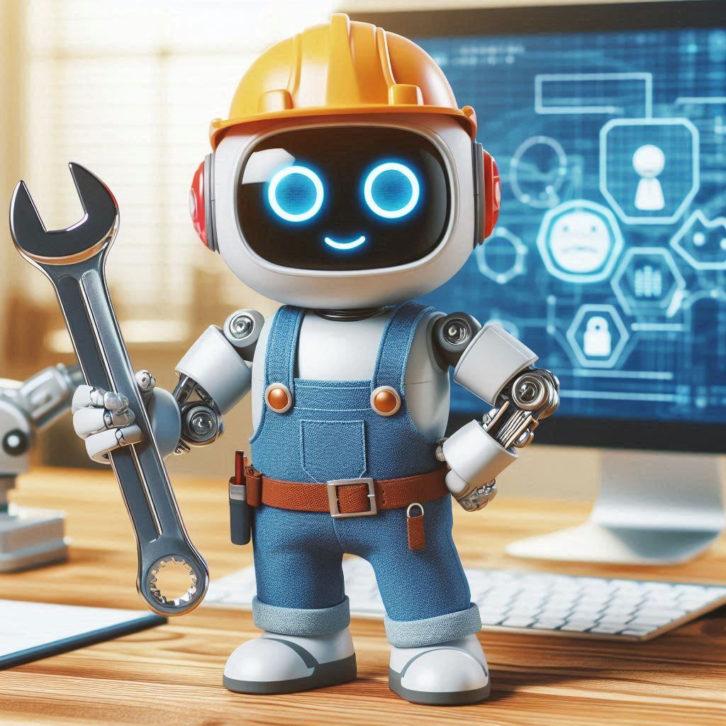 Friendly AI robot in overalls holding a wrench, standing in front of a computer screen displaying technology icons, symbolizing AI tools and automation in a workplace setting.