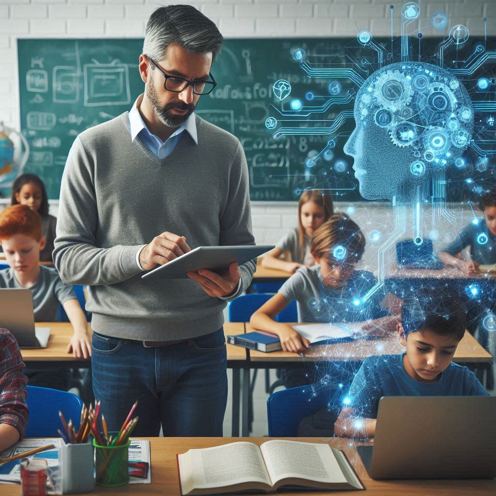 Teacher using a tablet in a classroom with students working on laptops and an AI digital brain overlay, illustrating the integration of AI in education and the concept of prompt engineering.