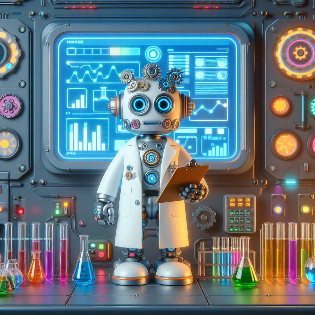 Robot scientist in a futuristic laboratory, surrounded by colorful test tubes and advanced data screens, illustrating the concept of prompt engineering in AI research.