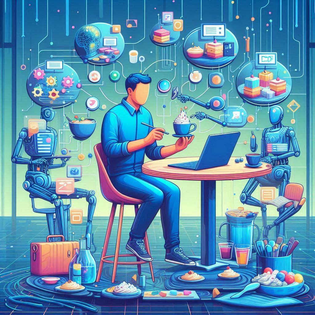 Illustration of a person sitting at a desk, using a laptop, holding a dessert, and surrounded by robots and digital interfaces symbolizing data retrieval and AI generation. The image includes floating icons representing digital processes, and several cupcakes and desserts around the desk, highlighting the integration of technology and human creativity in the context of Retrieval-Augmented Generation (RAG).