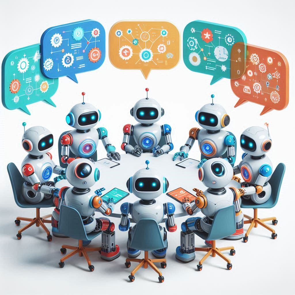 Group of AI robots engaged in a collaborative meeting, utilizing advanced reasoning engines to analyze complex data and make informed decisions.