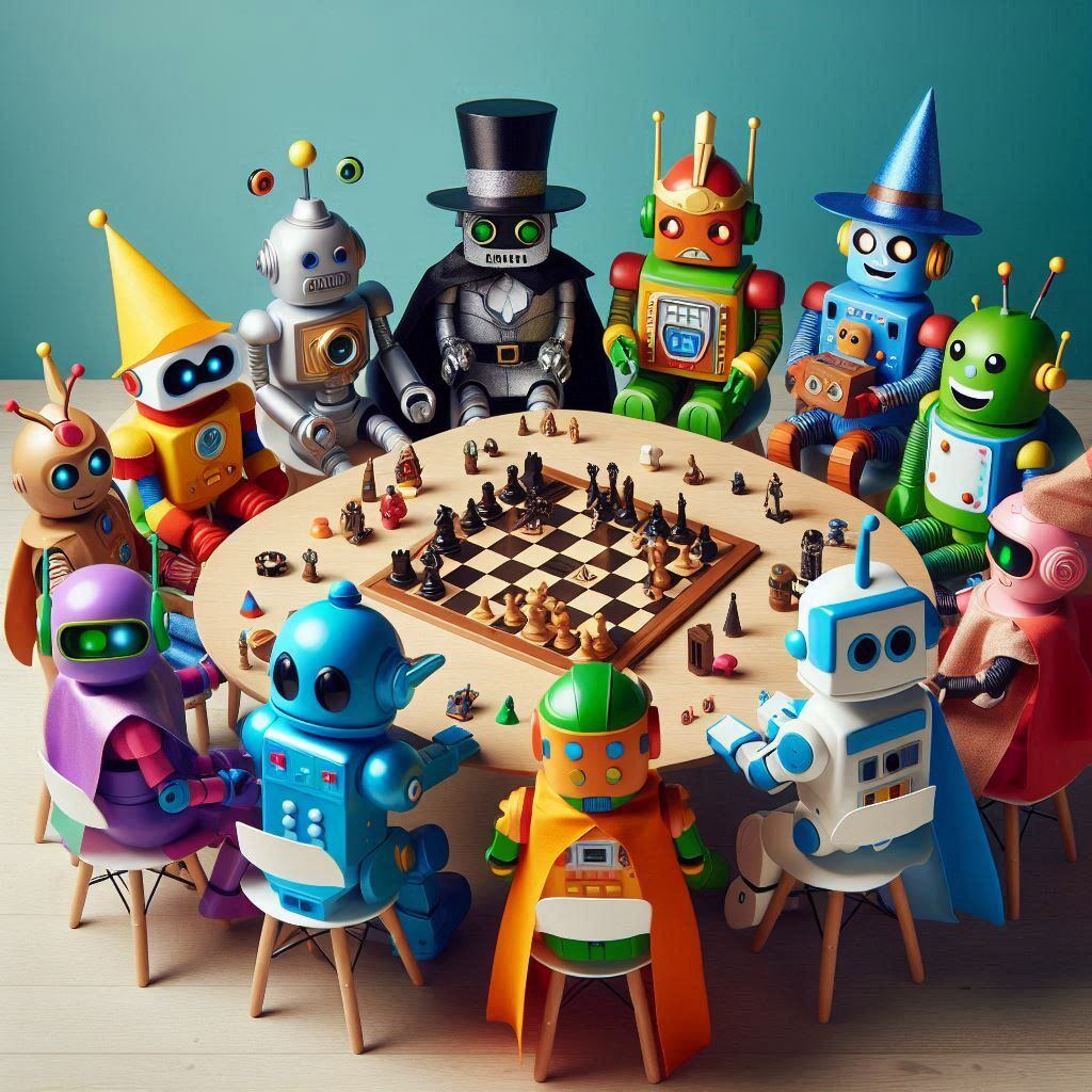 Colorful robots dressed in various costumes sit around a round table playing chess, illustrating the concept of role prompting in AI, where different AI personas collaborate to solve complex problems. The image conveys a playful yet sophisticated approach to AI interaction.