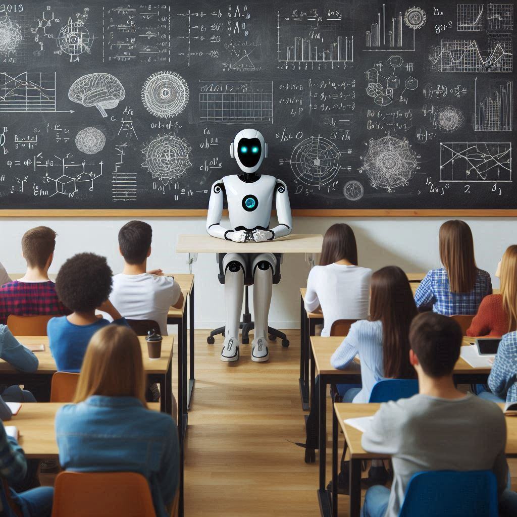 Humanoid robot teaching students in a classroom about 