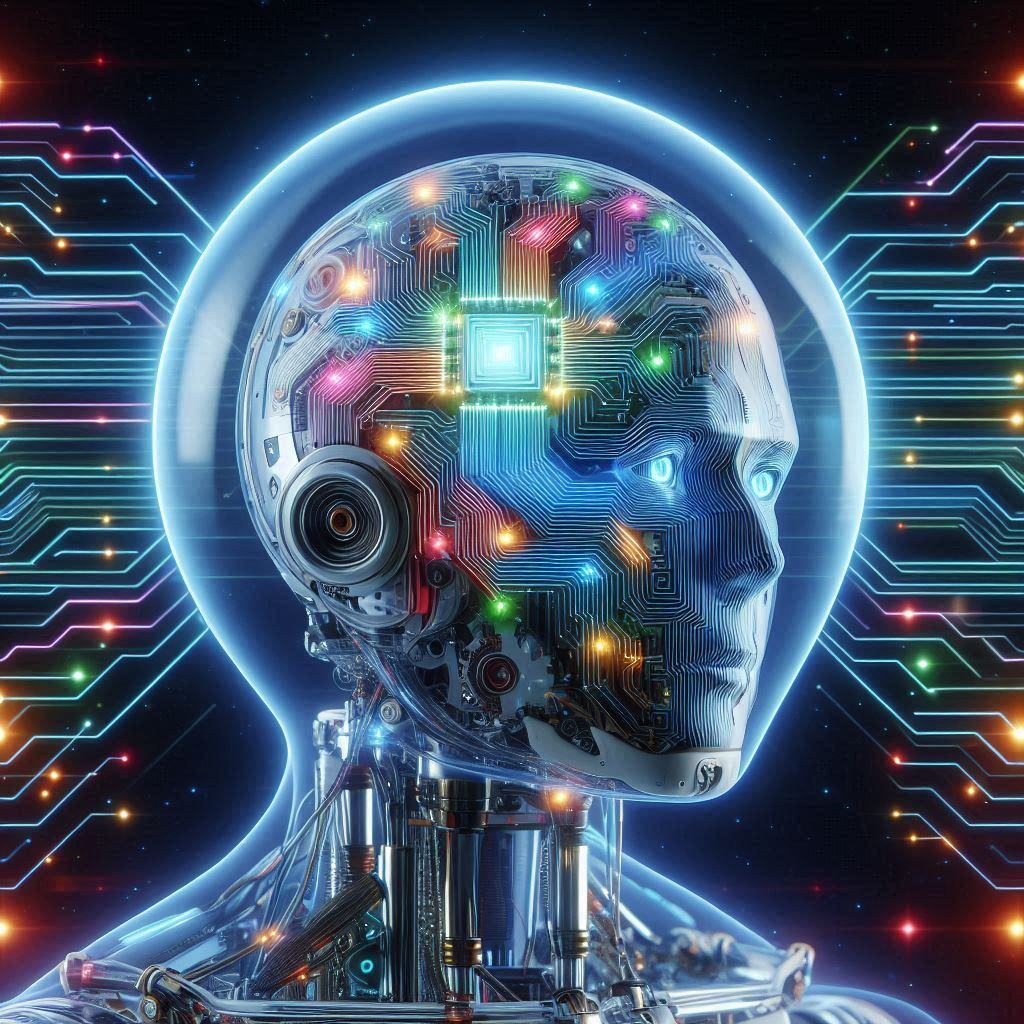 AI robot with a transparent head showcasing a complex neural network and colorful circuitry, representing advanced artificial intelligence and vector memory technology.