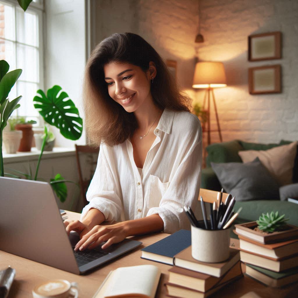 Young female solopreneur smiling and working on her laptop in a cozy home office, surrounded by books, plants, and warm lighting.