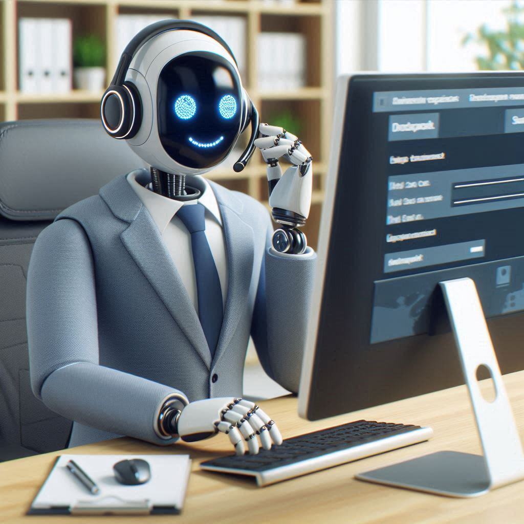 AI-powered robot sales representative at a desk engaging in customer communication, demonstrating automated lead generation and sales process.